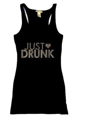H&M Metallic Glitter Funny Tank Top Just Drunk Sparkly Gold Graphic Black Sporty